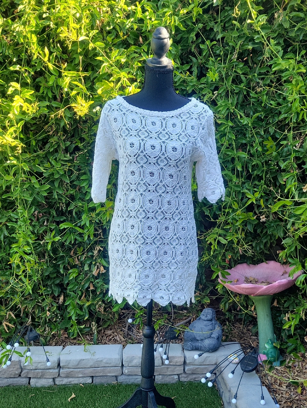 Ivory Crochet Lace Shift Dress Cover Up M